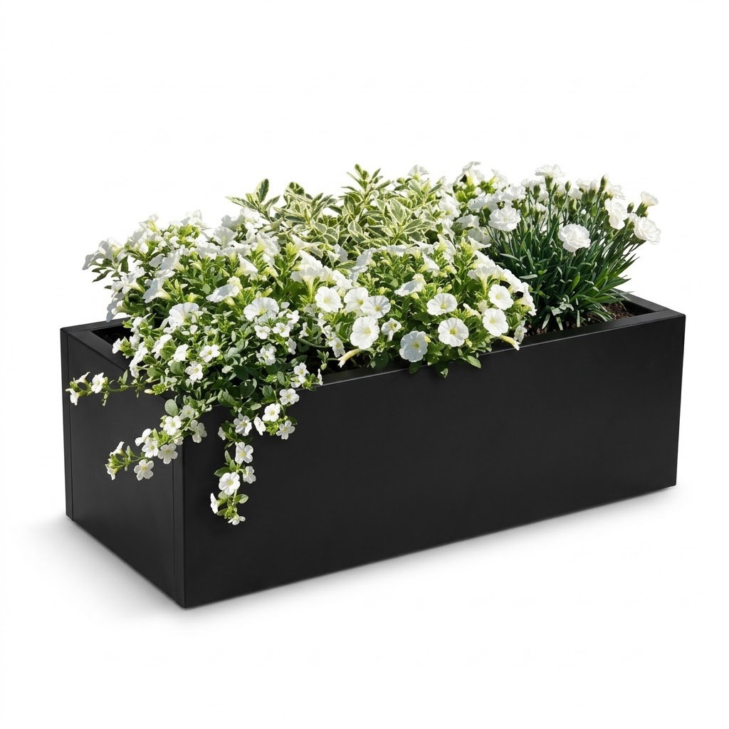 Sort plantekasse – 80 x 40 x 25 cm – Med flamingo, hjul, uden kapilær Sort plantekasse – 80 x 40 x 25 cm – Med flamingo, hjul, uden kapilær
