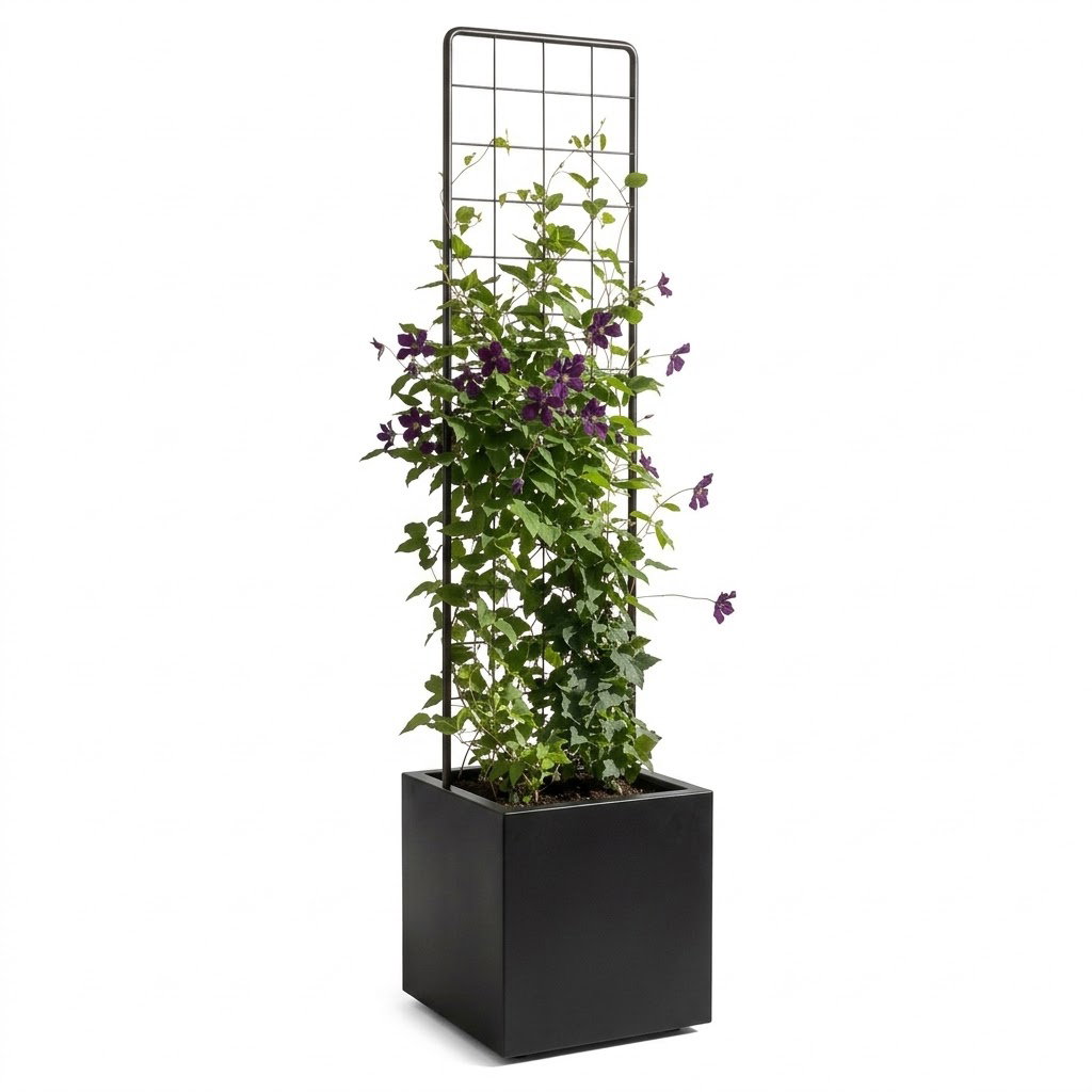 Sort plantekasse m/ espalier – 40 x 40 x 40 cm – Med flamingo, hjul, uden kapilær Sort plantekasse m/ espalier – 40 x 40 x 40 cm – Med flamingo, hjul, uden kapilær