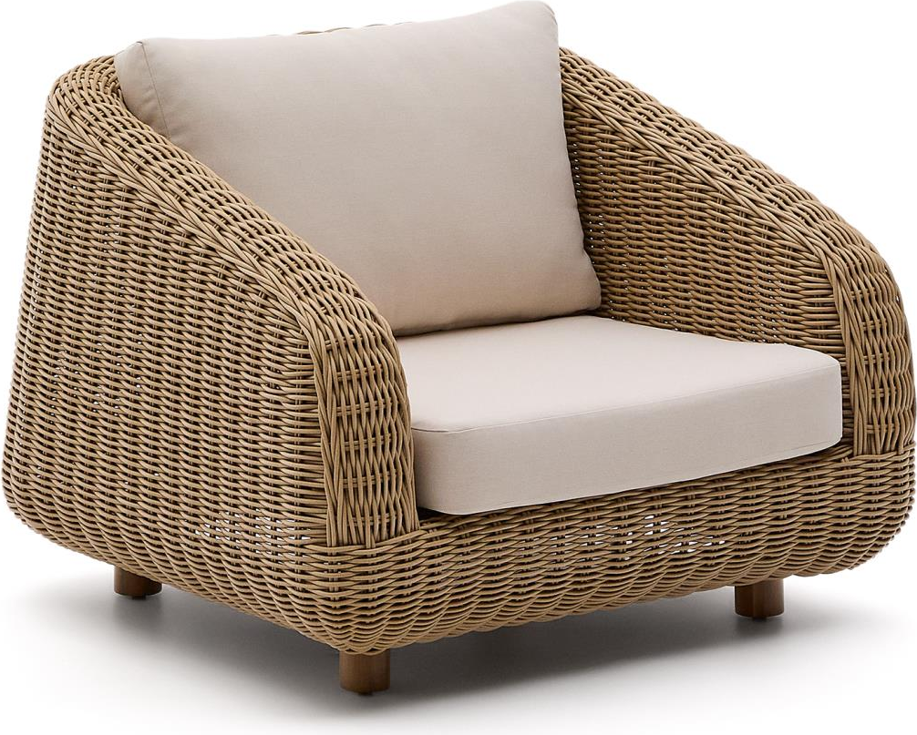 Udendørs lænestol Kave Home Meria lysebrun syntetisk flet/rattan vejrbestandig havestol med aftagelige Olefina puder Udendørs lænestol Kave Home Meria lysebrun syntetisk flet/rattan vejrbestandig havestol med aftagelige Olefina puder