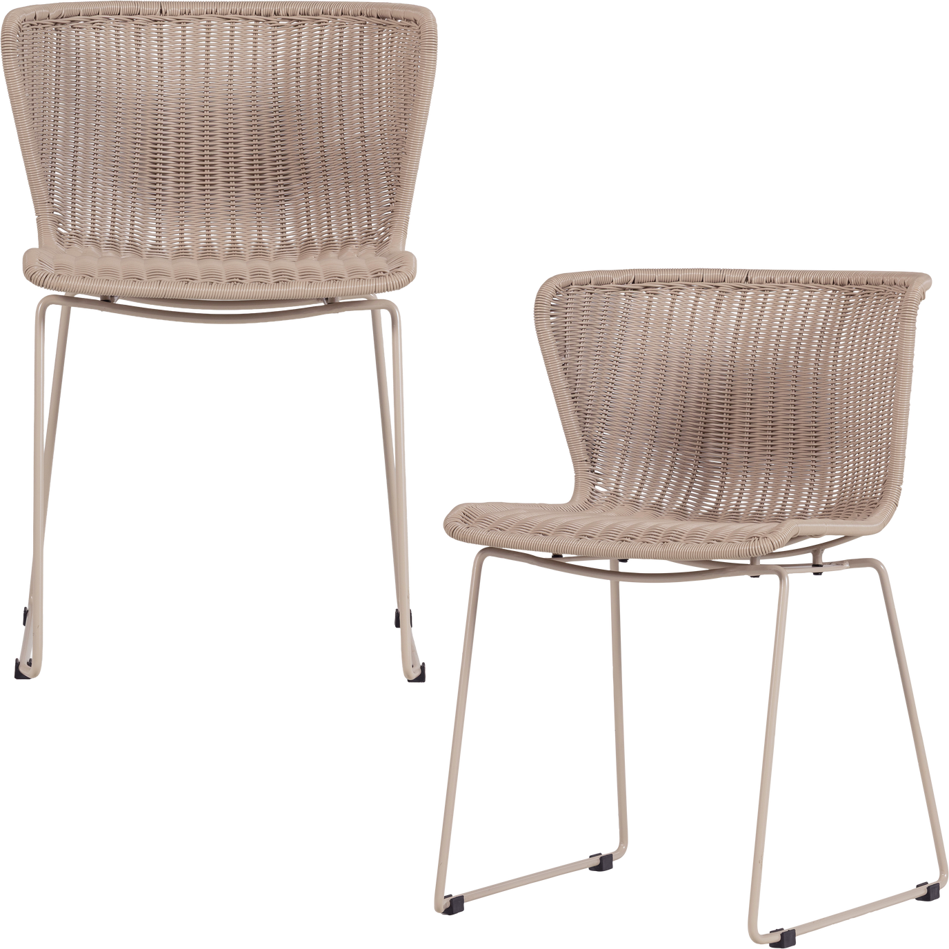 Udendørs spisebordsstol WOOOD Collection sæt 2 – flettet syntetisk rattan, sand/beige pulverlakeret stålstel Udendørs spisebordsstol WOOOD Collection sæt 2 – flettet syntetisk rattan, sand/beige pulverlakeret stålstel