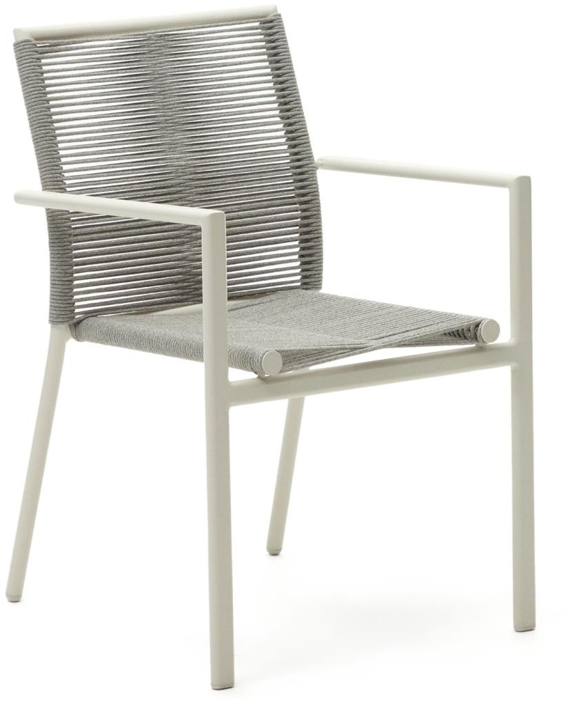 Udendørs spisebordsstol med armlæn Kave Home Culip, håndvævet reb og rustfri aluminium, stabelbar, hvid/grå Udendørs spisebordsstol med armlæn Kave Home Culip, håndvævet reb og rustfri aluminium, stabelbar, hvid/grå